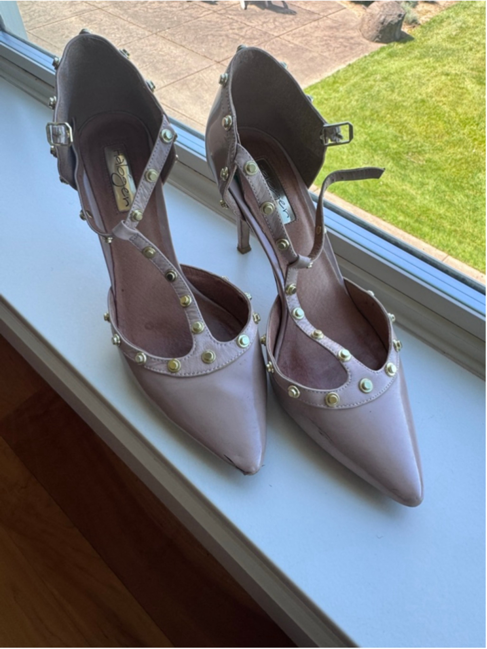 Women's Halogen Beige Studded T-Strap Heels Size 8